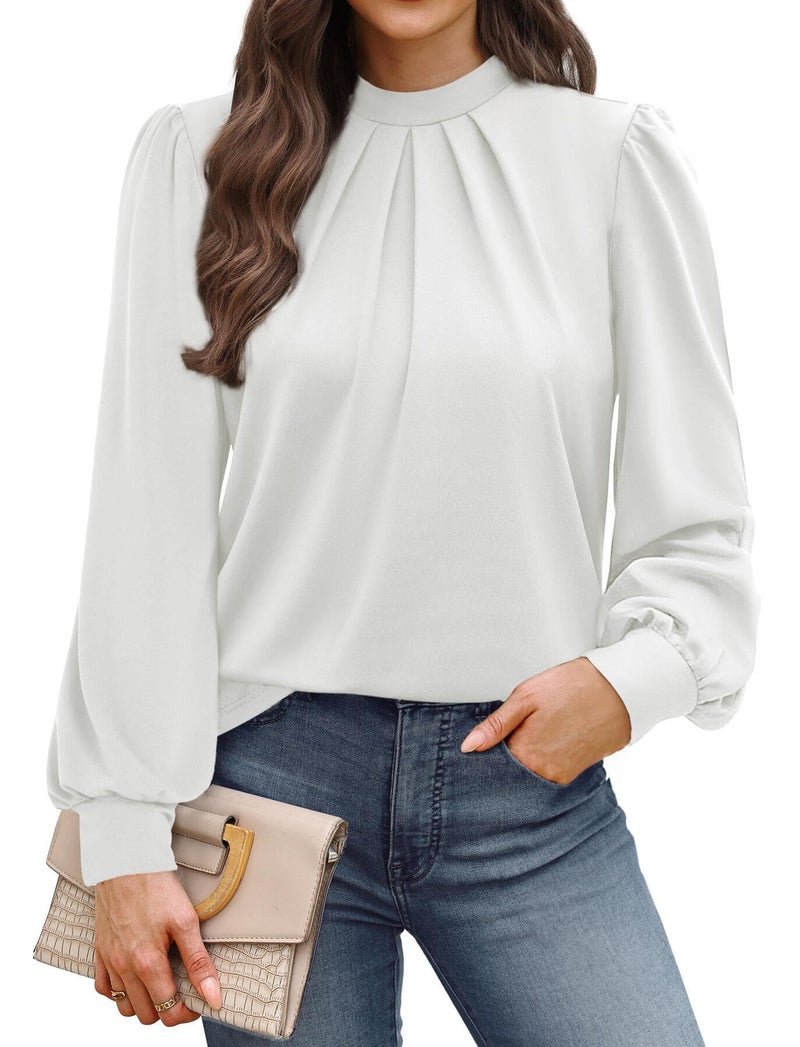 WIHOLL White Long Sleeve Shirts for Women Business Casual Outfits Blouses for Women Dressy Casual Fall Clothes 2026 Fashion Clothing Mock Neck Cute Womens Tunic Tops White M - Image 1