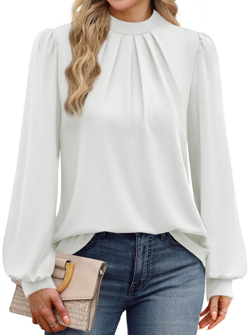 WIHOLL White Long Sleeve Shirts for Women Business Casual Outfits Blouses for Women Dressy Casual Fall Clothes 2026 Fashion Clothing Mock Neck Cute Womens Tunic Tops White M - Image 3