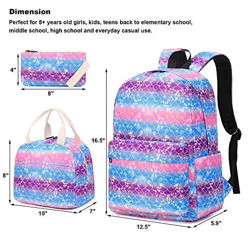 Kouxunt Mermaid Girls School Backpacks for Kids Teens 3in1 School Bag Bookbags Set with Lunch Bag Pencil Case - Image 3