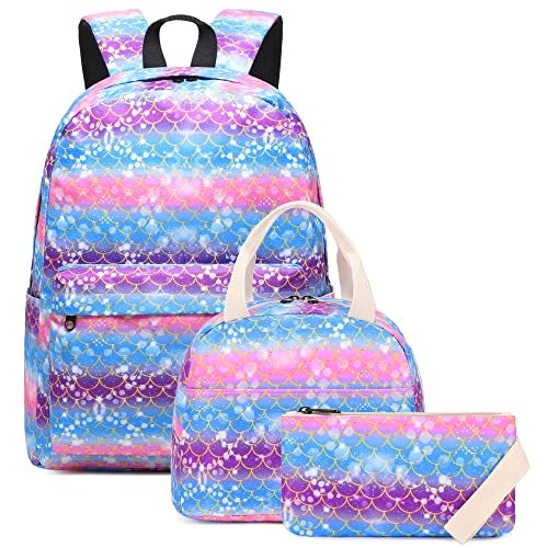 Kouxunt Mermaid Girls School Backpacks for Kids Teens 3in1 School Bag Bookbags Set with Lunch Bag Pencil Case - Image 1