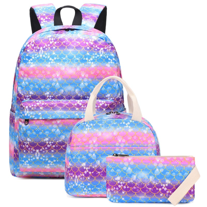Kouxunt Mermaid Girls School Backpacks for Kids Teens 3in1 School Bag Bookbags Set with Lunch Bag Pencil Case - Image 2