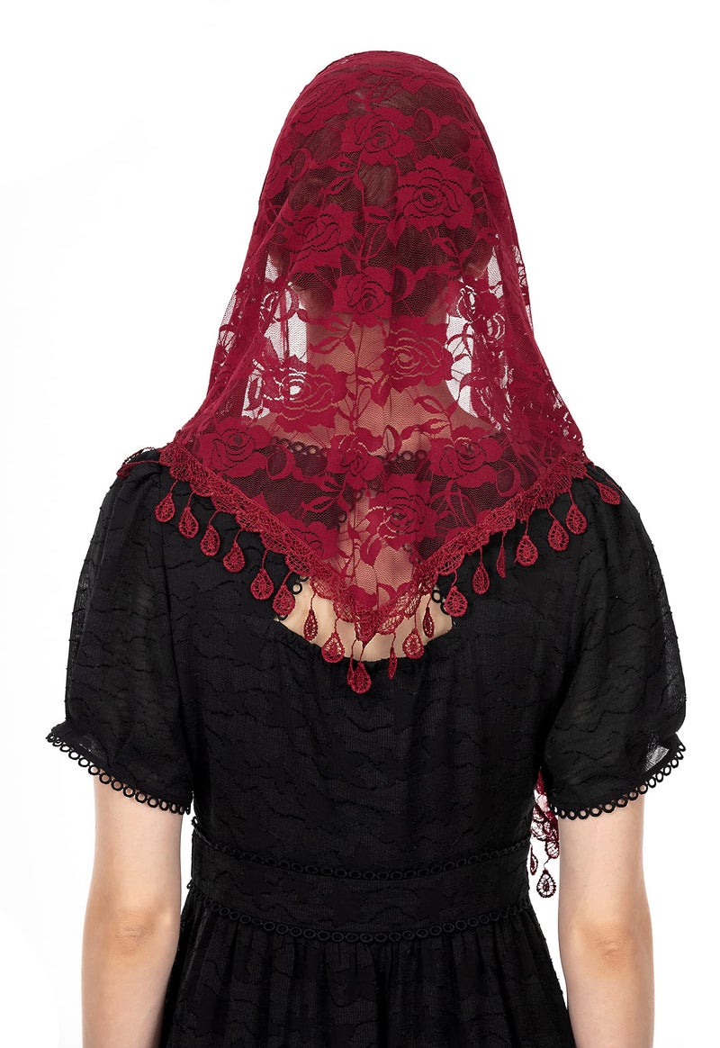Wgior Triangle Veils for Church - Lace Chapel Veils for Catholic Mass - Head Covering Scarf Mantilla for Women (Red) - Image 5