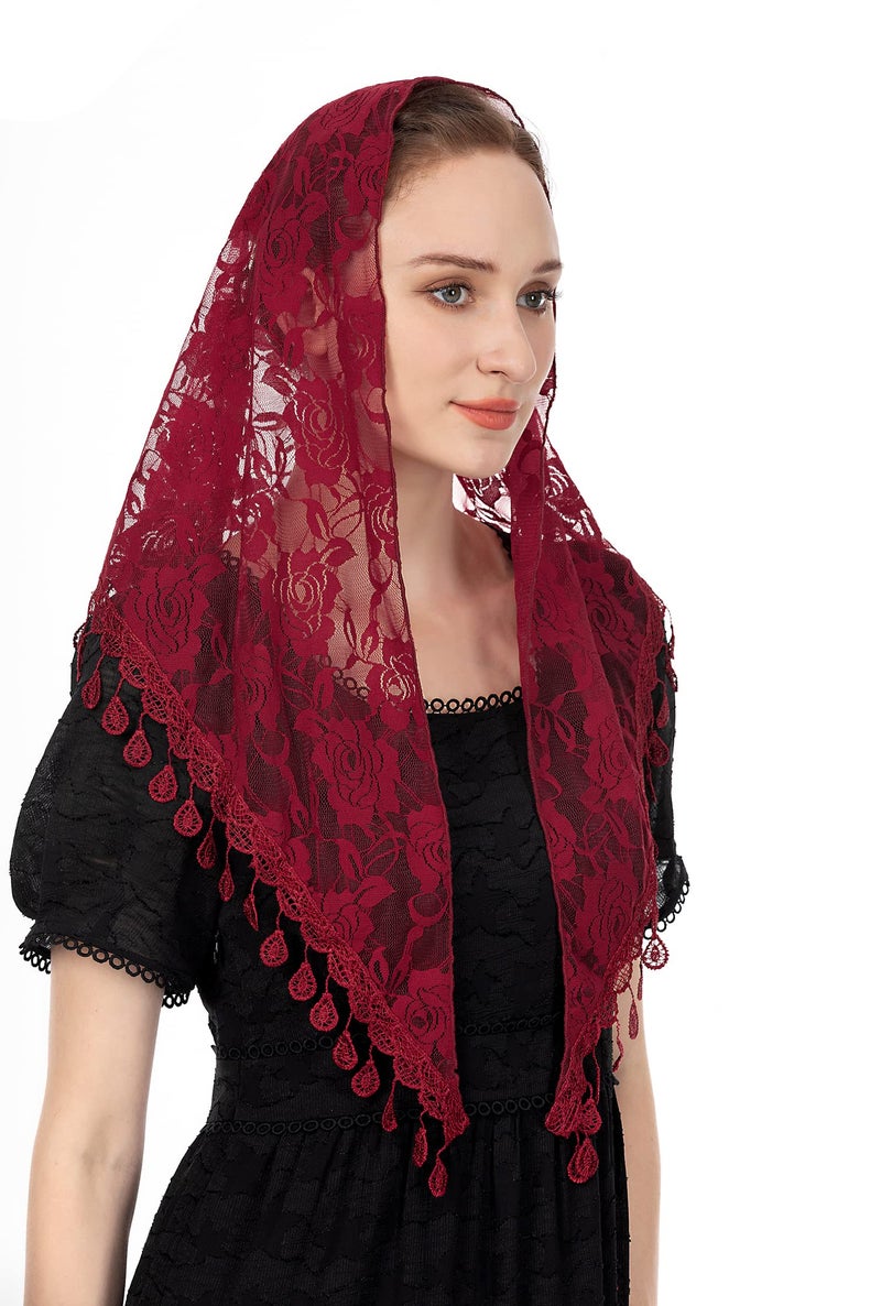 Wgior Triangle Veils for Church - Lace Chapel Veils for Catholic Mass - Head Covering Scarf Mantilla for Women (Red) - Image 3
