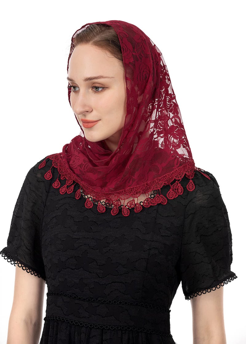 Wgior Triangle Veils for Church - Lace Chapel Veils for Catholic Mass - Head Covering Scarf Mantilla for Women (Red) - Image 4