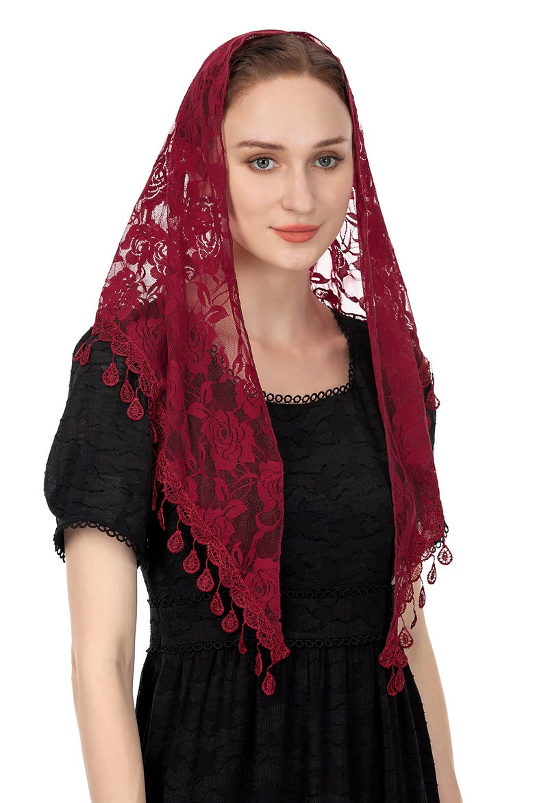 Wgior Triangle Veils for Church - Lace Chapel Veils for Catholic Mass - Head Covering Scarf Mantilla for Women (Red) - Image 1