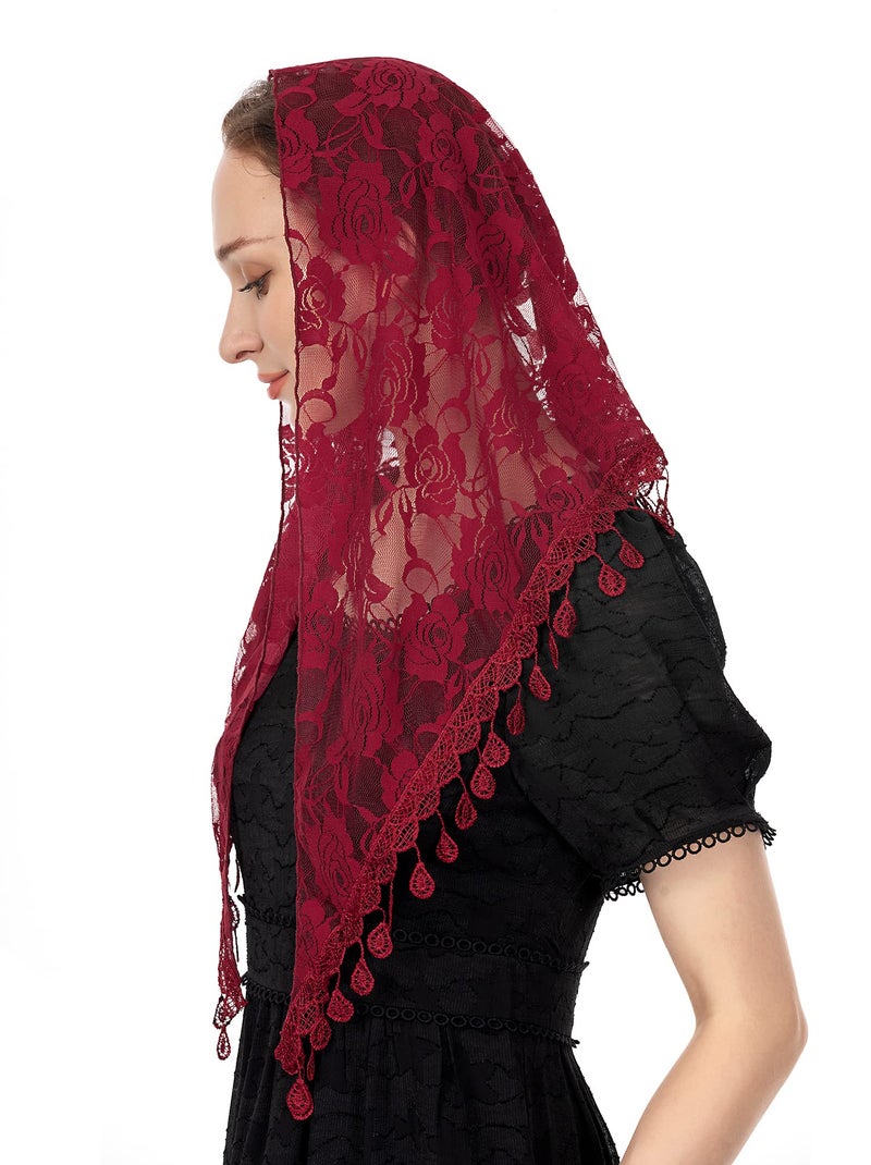Wgior Triangle Veils for Church - Lace Chapel Veils for Catholic Mass - Head Covering Scarf Mantilla for Women (Red) - Image 2