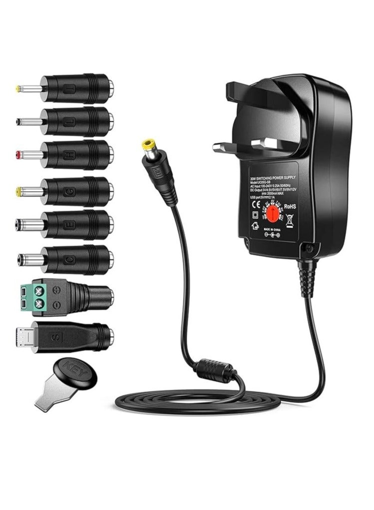 DUNISO Universal 30W 3V 4.5V 5V 6V 7.5V 9V 12V AC Adapter Switching Power Supply Charger PSU with 8 Selectable Adaptor Tips for 3V-12V Household Electronics and LED Strip  - Image 1