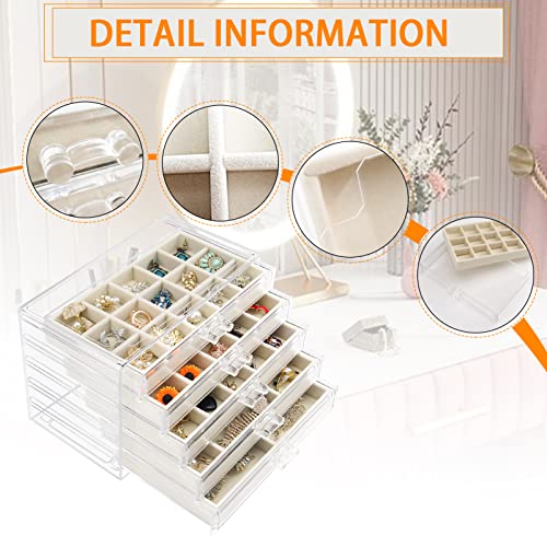 Watpot Acrylic Jewelry Box with 5 Drawers, Clear Earring Storage Organizer Display Case for Women Girls, Beige - Image 2