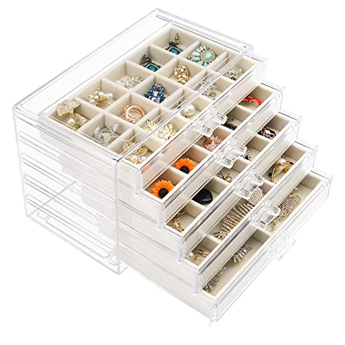 Watpot Acrylic Jewelry Box with 5 Drawers, Clear Earring Storage Organizer Display Case for Women Girls, Beige - Image 1