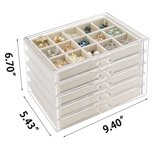 Watpot Acrylic Jewelry Box with 5 Drawers, Clear Earring Storage Organizer Display Case for Women Girls, Beige - Image 5
