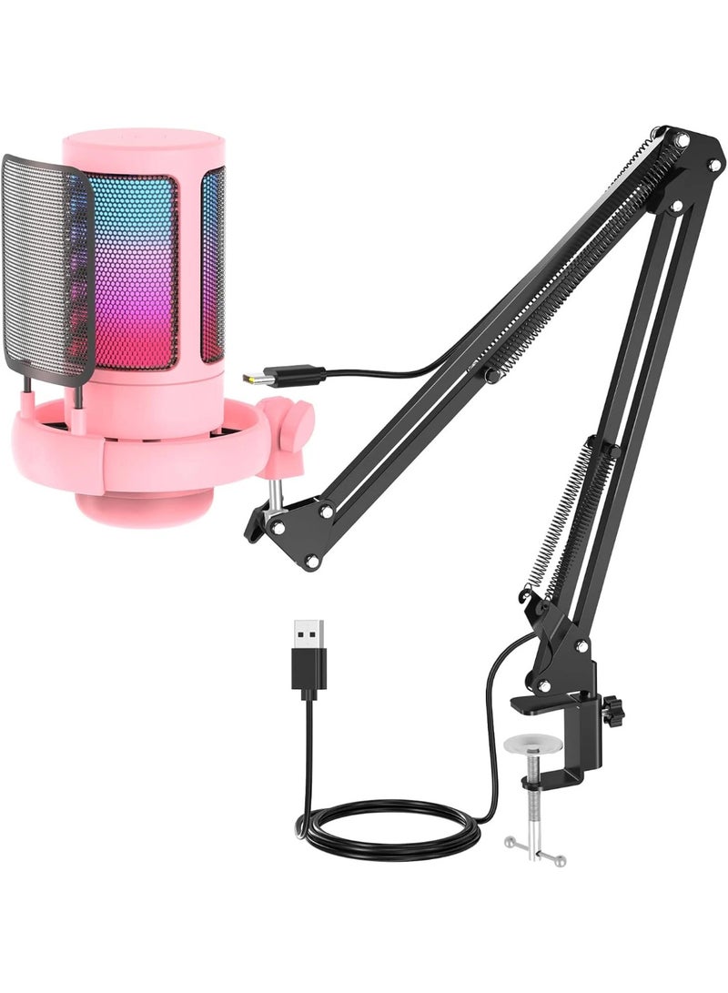 ميكروفون مكثف USB بتقنية RGB مخصص للألعاب الإلكترونية وتسجيل المكالمات، مزود بحامل معدني قابل للتمديد، وميكروفون مكتبي للتسجيل في الاستوديو - Image 1