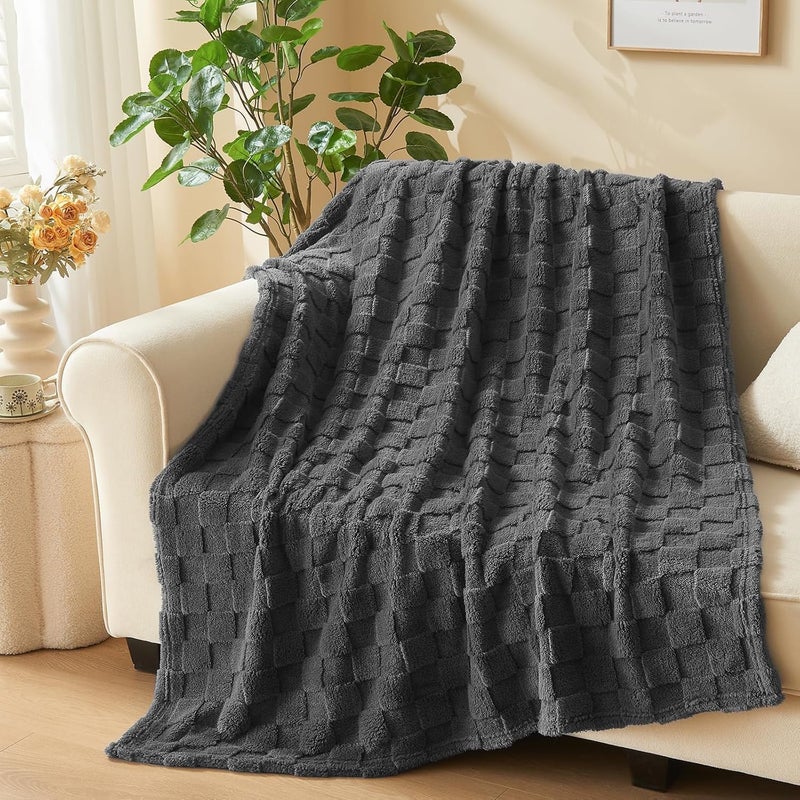 Wajade Fleece Throw Blanket, Fluffy Faux Fur Blanket for Bed Sofa Couch, Soft Cosy Warm Thick Blanket,Checkered Dark Grey 178x203 - Image 1