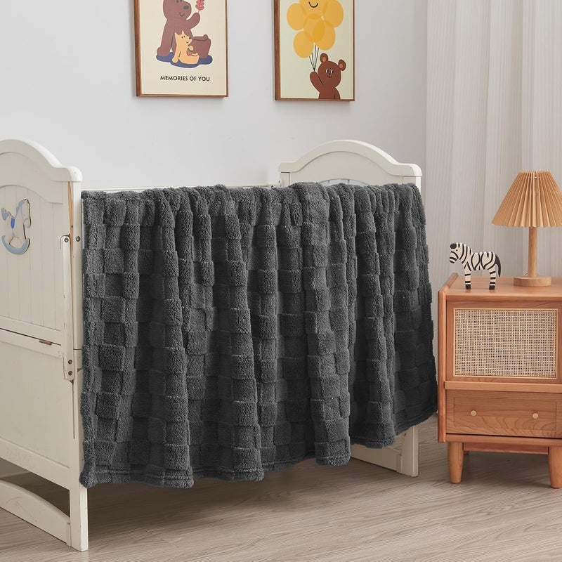 Wajade Fleece Throw Blanket, Fluffy Faux Fur Blanket for Bed Sofa Couch, Soft Cosy Warm Thick Blanket,Checkered Dark Grey 178x203 - Image 5