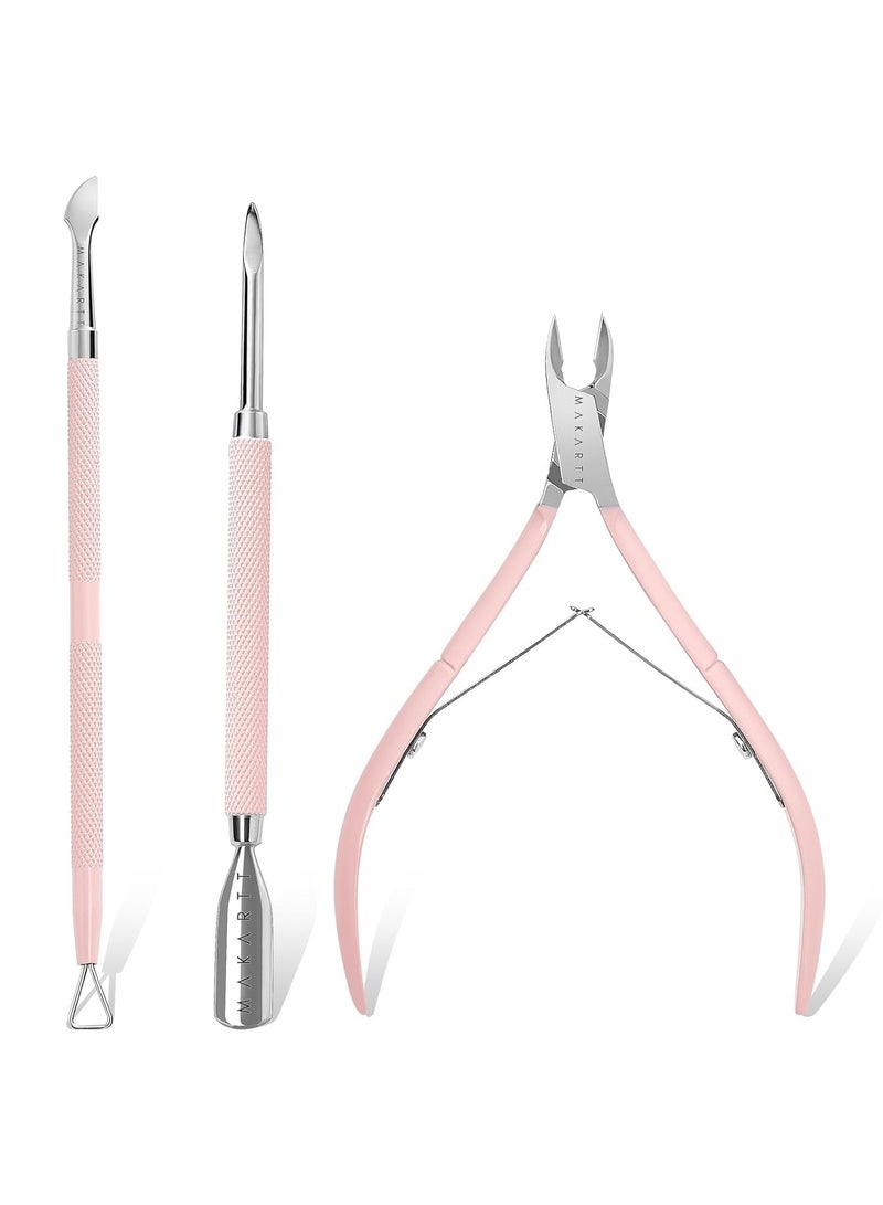 Goolsky مقص الجلد مع دافع الجلد، 3 قطع مقص أظافر وردي أدوات بيديكور ومانيكور احترافية مع دافع مزدوج من الفولاذ المقاوم للصدأ، مكشطة أظافر - Image 1