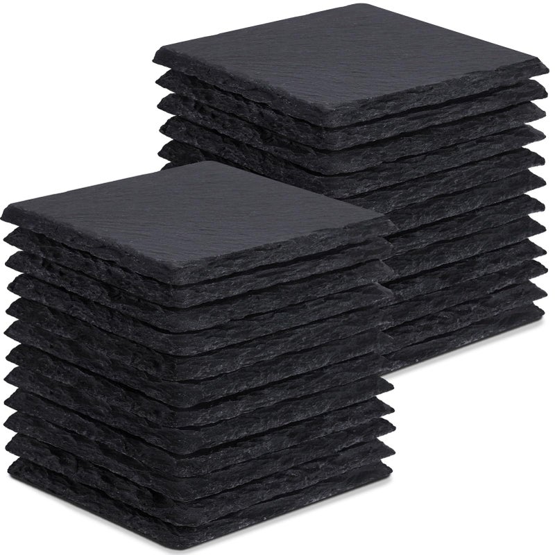 GOH DODD 24 Pieces Slate Drink Coasters, 4 Inch Black Stone Coasters Bulk Cup Coaster Set with Anti-Scratch Bottom for Bar Kitchen Home Apartment, Square - Image 1