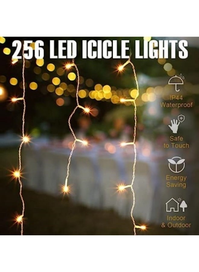 GGEROU 6.4ft 256 LEDs Solar Icicle String Lights 8 Modes Waterproof Icicle Outdoor Curtain Fairy Lights  - Image 4
