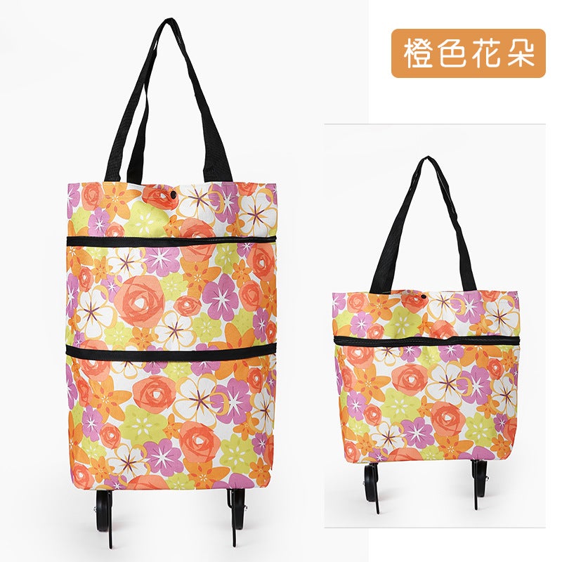 Foldable Trolley Shopping Cart with Handbag Orange Flower 