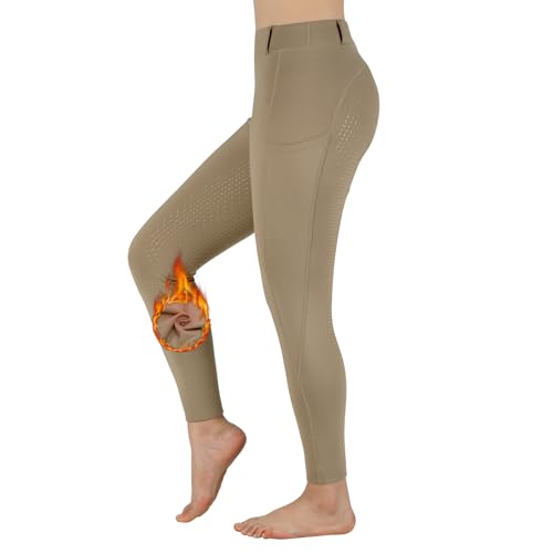 Turnhier Women Winter Riding Equestrian Pants Fleece Lined Equestrian Breeches Horseback Silicone Pockets (Khaki-S) - Image 1