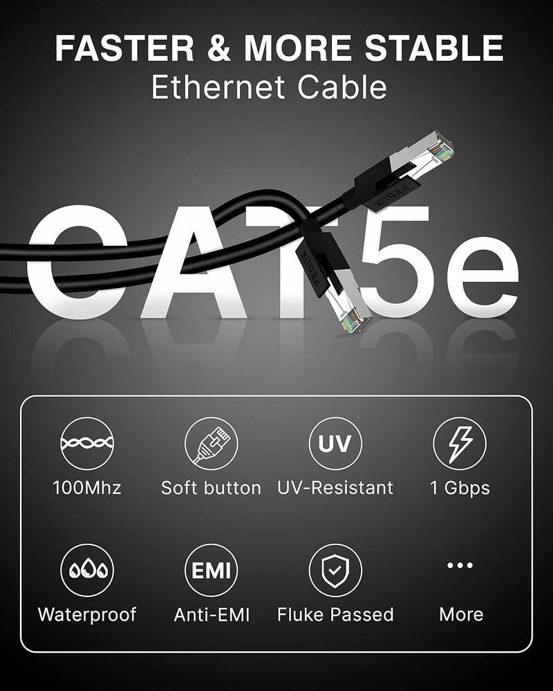 FEDUS كابل إيثرنت باتش كات5e من FEDUS بسرعة 1000 ميجابت في الثانية بطول 100 متر كابل LAN كابل إنترنت كابل كمبيوتر عالي السرعة فئة 5 أسلاك للمودم، الموجه، الكاميرا، LAN ADSL باللون الأسود - Image 4