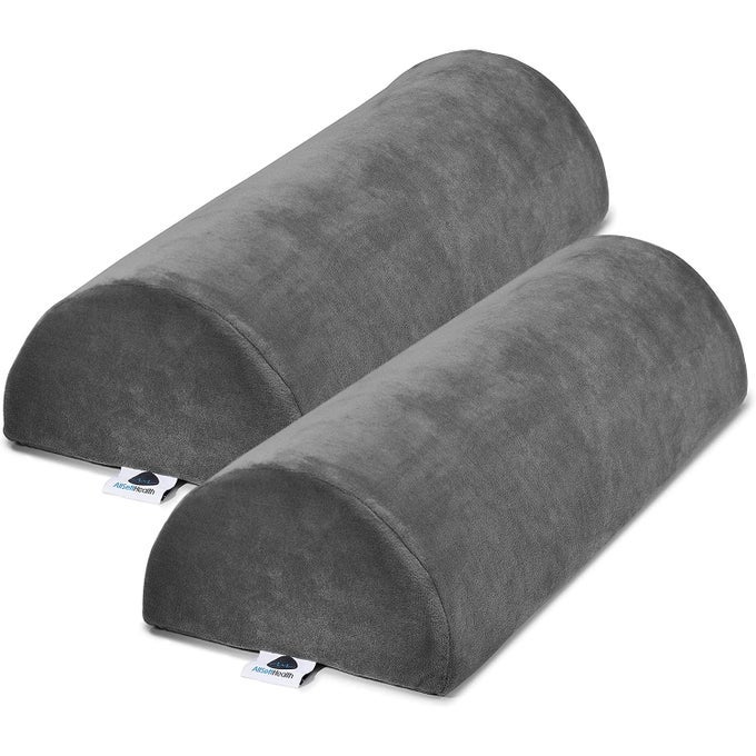 2 PACK LARGE HALF MOON BOLSTER PILLOW FOR LEGS KNEES LOWER BACK AND HEAD 2 PACK LUMBAR SUPPORT PILLOW FOR BED SLEEPING SEMI ROLL FOR ANKLE AND FOOT COMFORT MACHINE WASHABLE COVER GREY