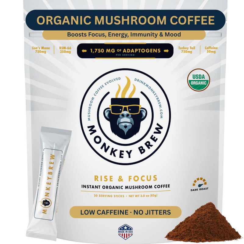 Monkey Brew Rise & Focus USDA Organic Mushroom Coffee | Boosts Focus, Energy, Immunity & Mood | 1,750mg Adaptogens: Lion’s Mane, Turkey Tail, KSM-66 Ashwagandha | Low Caffeine, Fruiting Body - Image 1