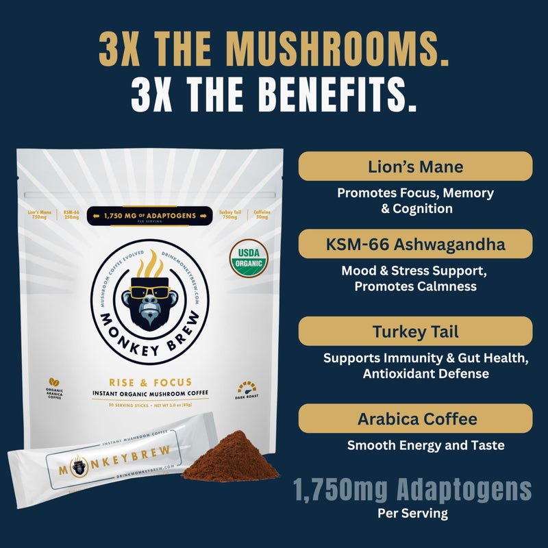 Monkey Brew Rise & Focus USDA Organic Mushroom Coffee | Boosts Focus, Energy, Immunity & Mood | 1,750mg Adaptogens: Lion’s Mane, Turkey Tail, KSM-66 Ashwagandha | Low Caffeine, Fruiting Body - Image 3