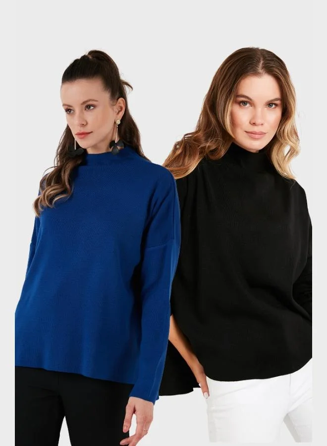 Lela Lela Cotton Long Back Standing Collar 2-Pack Knitwear Sweater Women's SWEATER 4615002S2