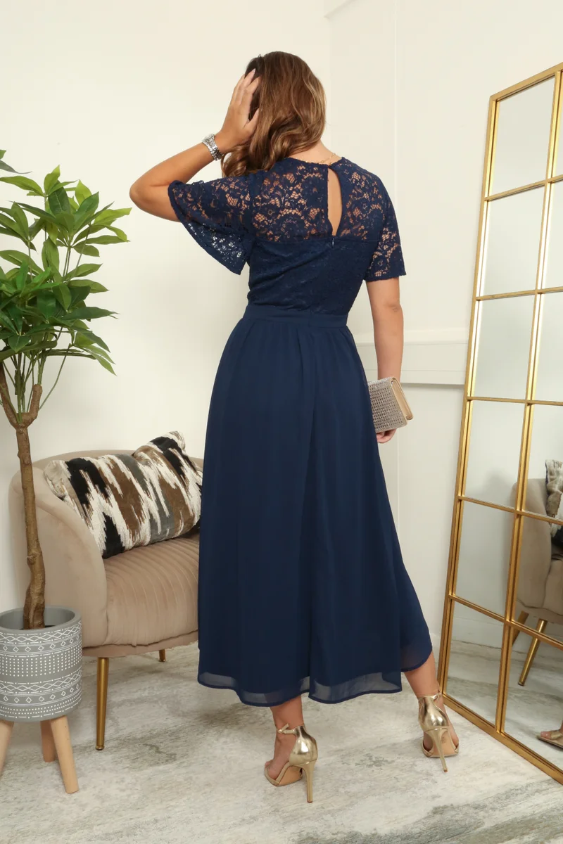 Double Second Navy Lace Top Chiffon Skirt Midi Dress for Women | Best Price UAE