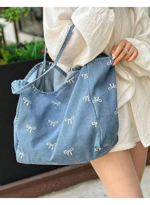 New Korean Casual Fashion Versatile Blue Highly Attractive Bow Washed Canvas Tote Bag