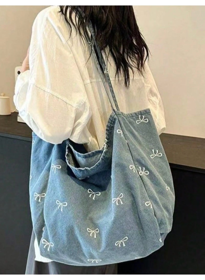 Shein New Korean Casual Fashion Versatile Blue Highly Attractive Bow Washed Canvas Tote Bag - Image 4