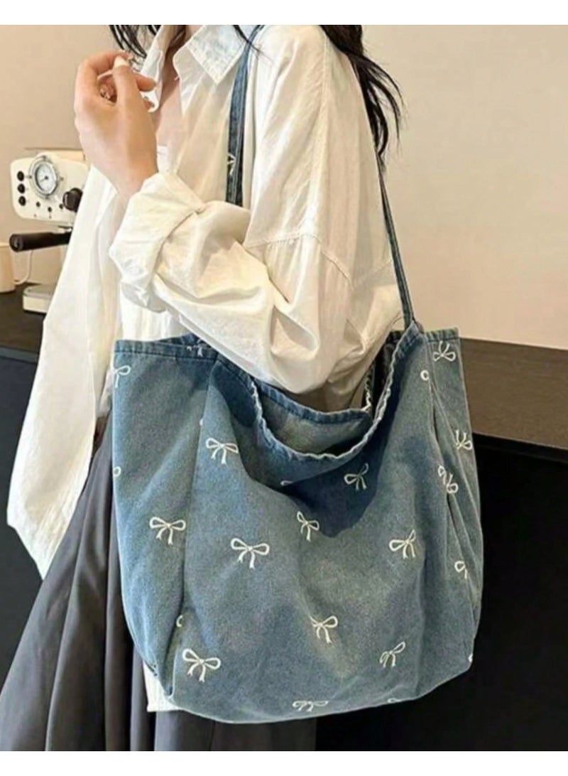 Shein New Korean Casual Fashion Versatile Blue Highly Attractive Bow Washed Canvas Tote Bag - Image 5