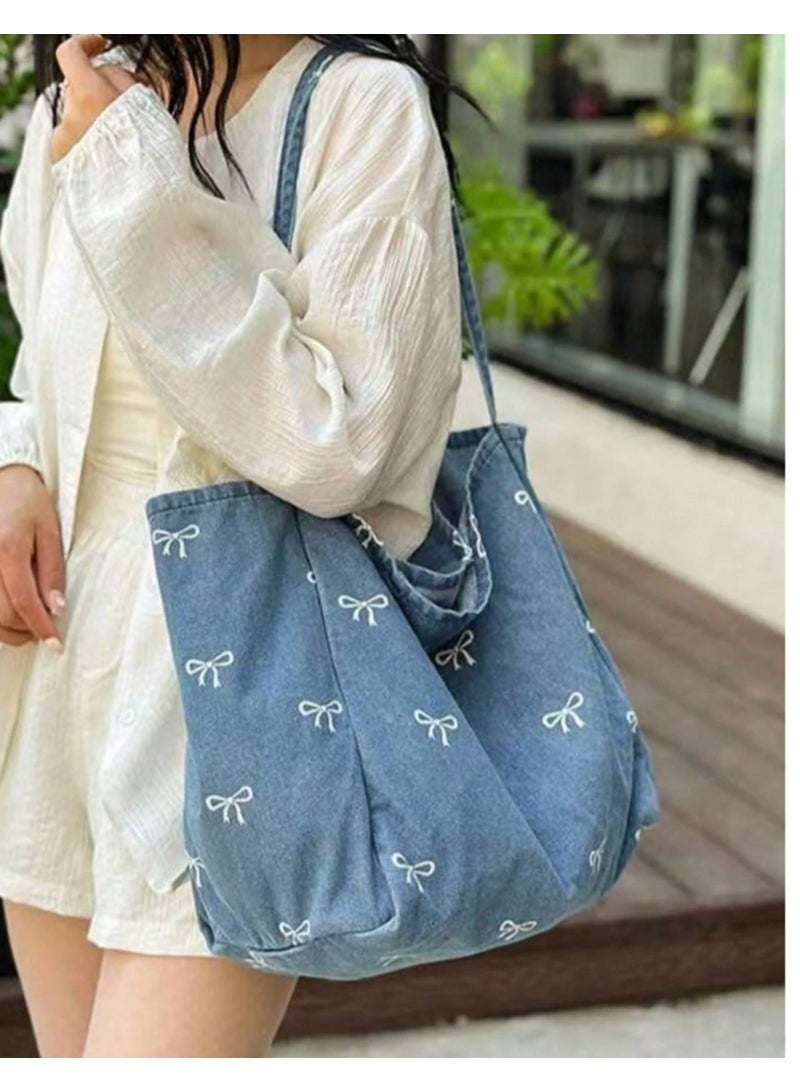 Shein New Korean Casual Fashion Versatile Blue Highly Attractive Bow Washed Canvas Tote Bag - Image 2