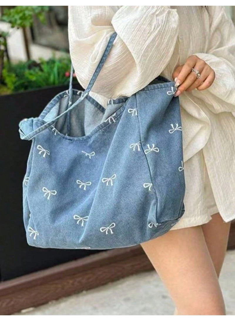 Shein New Korean Casual Fashion Versatile Blue Highly Attractive Bow Washed Canvas Tote Bag - Image 3
