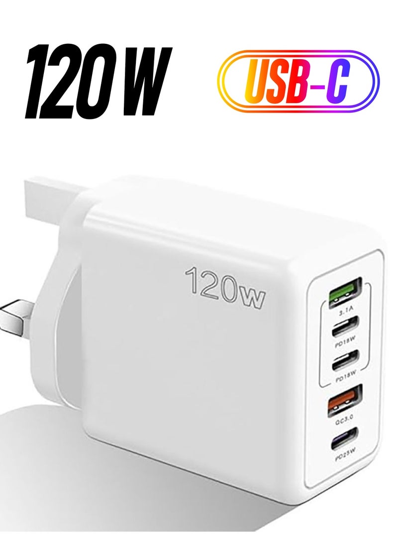 120W Fast Charger with 5 Ports, 3PD+2USB Multiport Charger Block for Multiple Device, 120w Fast Charging Wall Charger, 5 Port Travel Charger Fast Mobile Charger Adapter (White, UK)  - Image 1