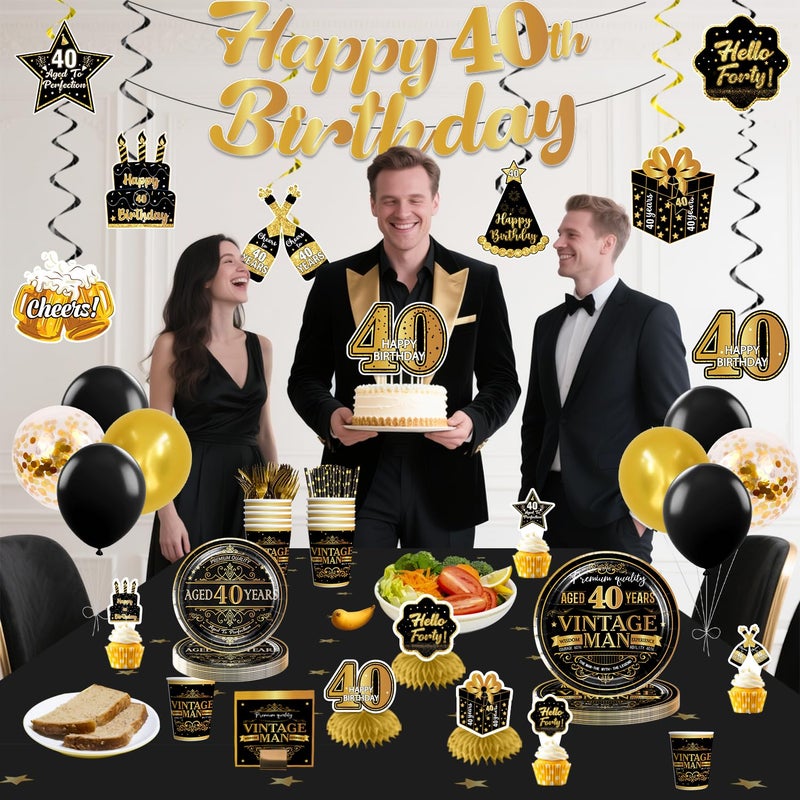 Xynic 213 Pcs Vintage 40th Birthday Decorations For Men, Pre-strung Happy 40th Birthday Banner, Balloons, Plates and Napkins Set with 2 Pcs Tablecloth, Classy 40th Vintage 1986 Birthday Party Supplies - Image 4