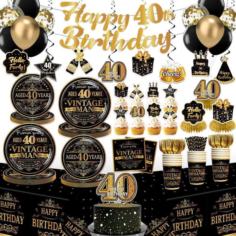 Xynic 213 Pcs Vintage 40th Birthday Decorations For Men, Pre-strung Happy 40th Birthday Banner, Balloons, Plates and Napkins Set with 2 Pcs Tablecloth, Classy 40th Vintage 1986 Birthday Party Supplies - Image 1