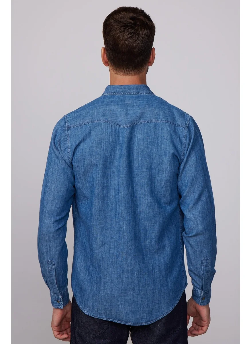 Tudors Slim Fit Slim Fit Double Pocket Flap Cotton Denim Navy Blue Shirt