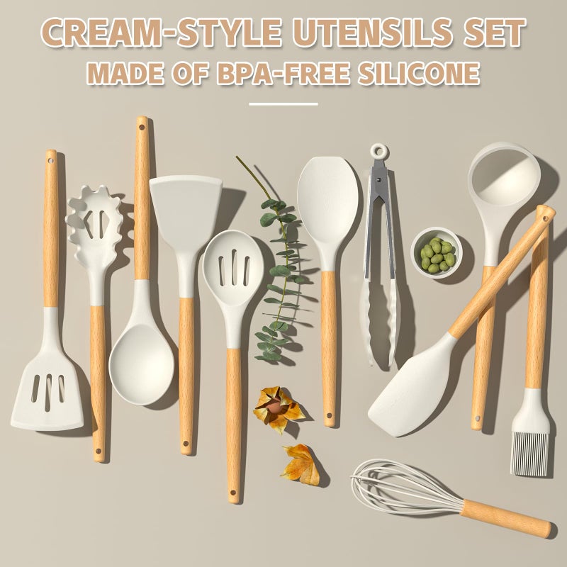 33-Piece Non-Stick Silicone Cooking Utensil Set with Wooden Handles and Holder, Khaki - Image 4