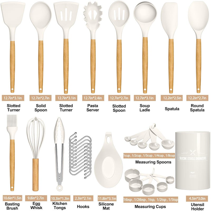 33-Piece Non-Stick Silicone Cooking Utensil Set with Wooden Handles and Holder, Khaki - Image 2