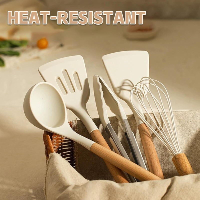 33-Piece Non-Stick Silicone Cooking Utensil Set with Wooden Handles and Holder, Khaki - Image 5
