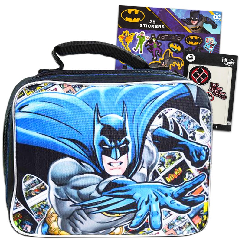 Batman Lunch Box Travel Activity Set Insulated Batman Lunch Bag with Justice League Stickers and Patches for Boys Girls Kids Batman School Supplies Bundle