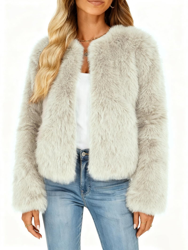 Funlingo Womens Cropped Faux Fur Coat Winter Zip Up Long Sleeve Warm Jacket 2025 Trendy Crew Neck Overcoat Beige S - Image 2