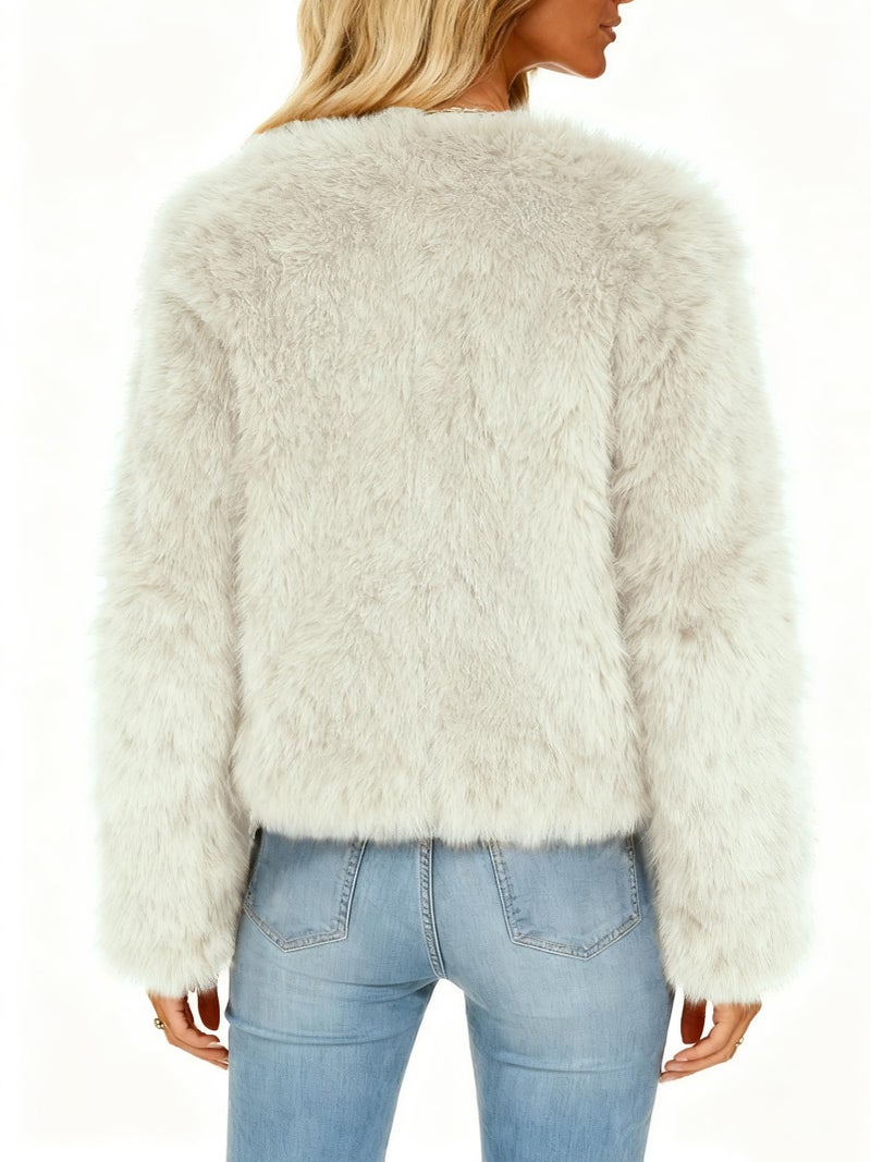 Funlingo Womens Cropped Faux Fur Coat Winter Zip Up Long Sleeve Warm Jacket 2025 Trendy Crew Neck Overcoat Beige S - Image 4