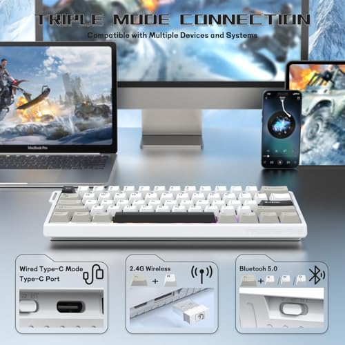 MAMBASNAKE X60 HE 60% Rapid Trigger Wireless Gaming Keyboard,Hall Effect Magnetic Switches,Adjustable Actuation,0.1ms Ultra-Low Latency, 8KHz Polling Rate,3-Mode RGB,PBT Keycaps for Win/Mac-Star White - Image 5
