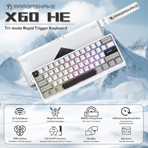 MAMBASNAKE X60 HE 60% Rapid Trigger Wireless Gaming Keyboard,Hall Effect Magnetic Switches,Adjustable Actuation,0.1ms Ultra-Low Latency, 8KHz Polling Rate,3-Mode RGB,PBT Keycaps for Win/Mac-Star White - Image 2