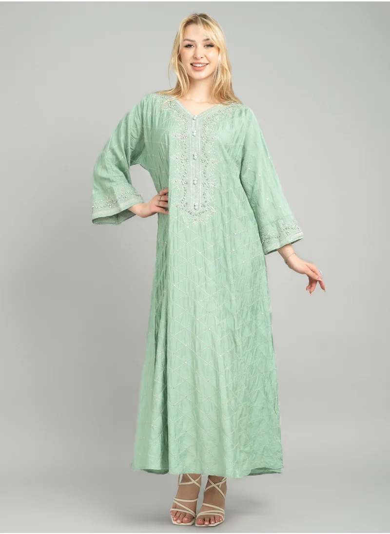 IKKXA Sparkling Elegance Embroidered Jalabiya CJ1084 Green