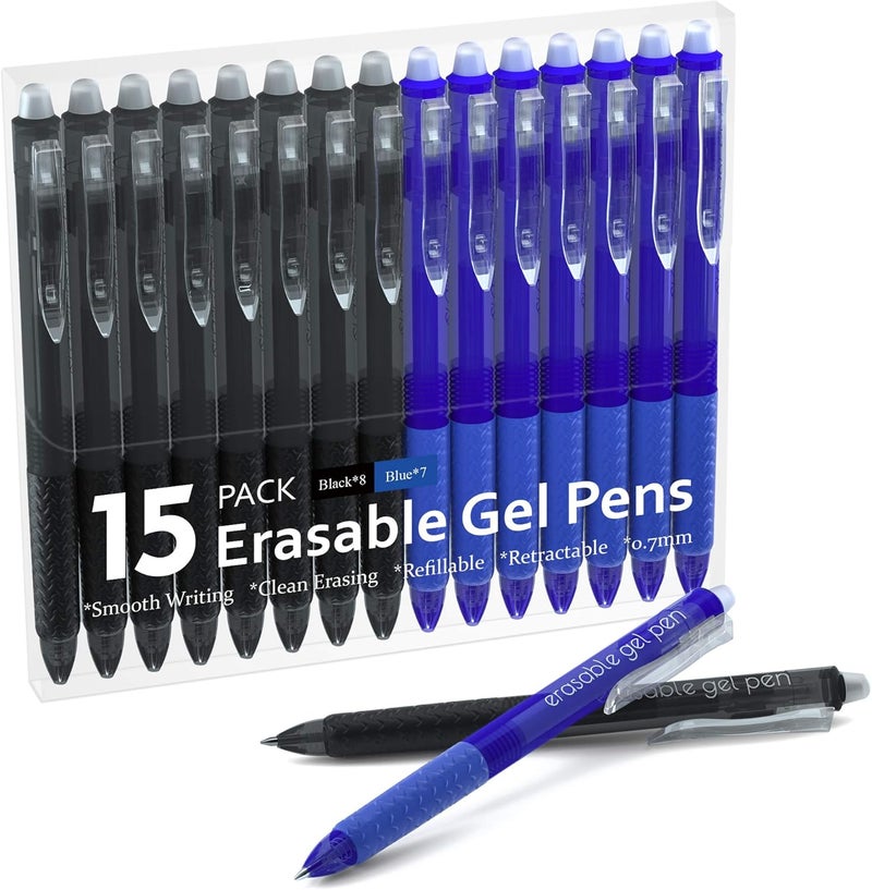 Lineon Erasable Gel Pens, 15 Pack Retractable Erasable Pens Clicker, Fine Point, Make Mistakes Disappear, 8 Black 7 Blue Inks for Writing Planner and Crossword Puzzles… - Image 1