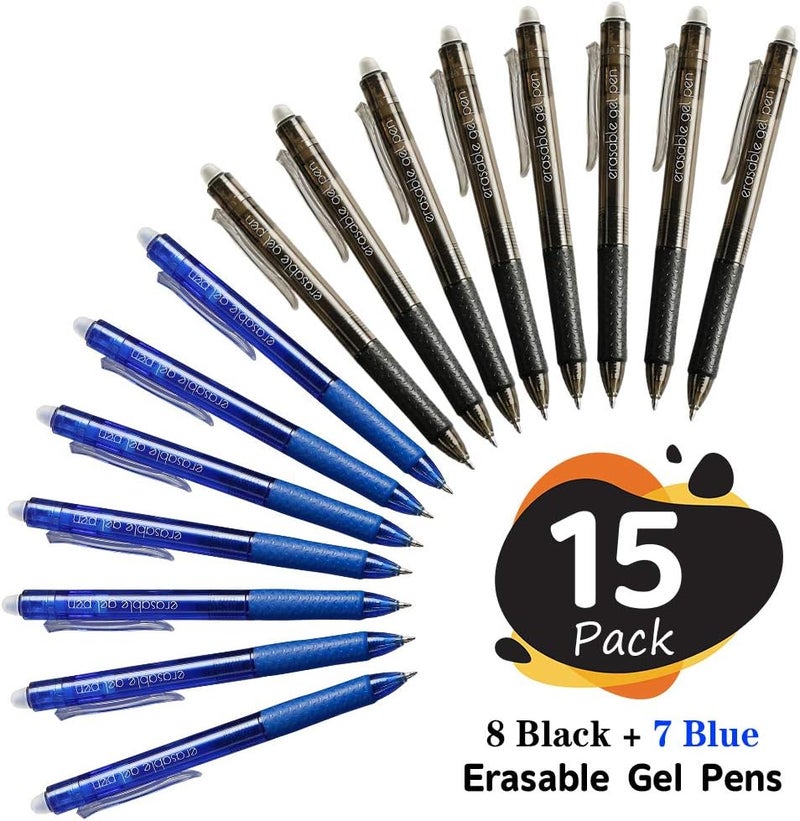 Lineon Erasable Gel Pens, 15 Pack Retractable Erasable Pens Clicker, Fine Point, Make Mistakes Disappear, 8 Black 7 Blue Inks for Writing Planner and Crossword Puzzles… - Image 2