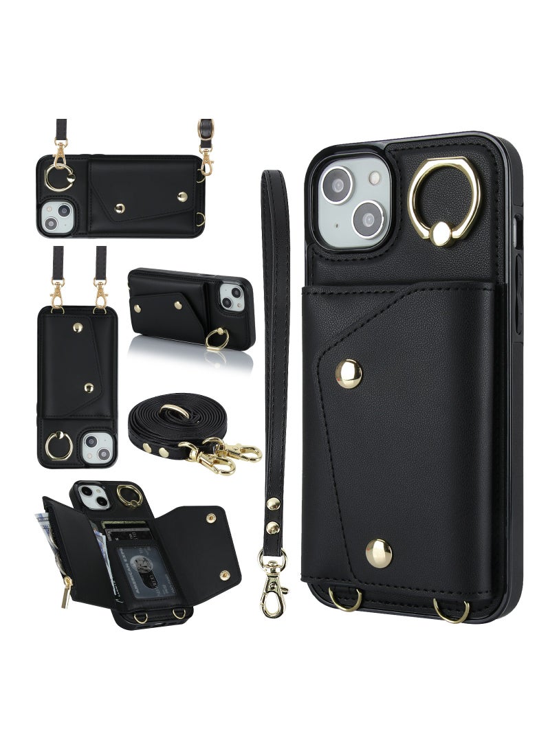 GULFLINK PU Leather Back Cover Phone Case with Purse and Straps for iPhone 15 Plus Black  - Image 4