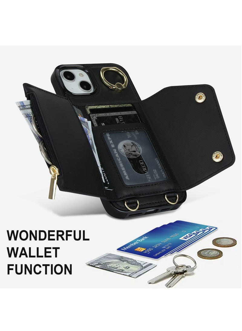 GULFLINK PU Leather Back Cover Phone Case with Purse and Straps for iPhone 15 Plus Black  - Image 5